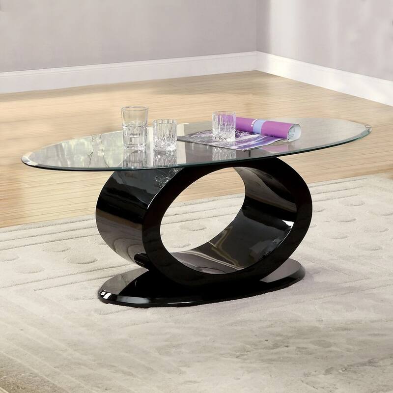 Contemporary Tempered Glass Top Coffee Table with O Shape Base, Black