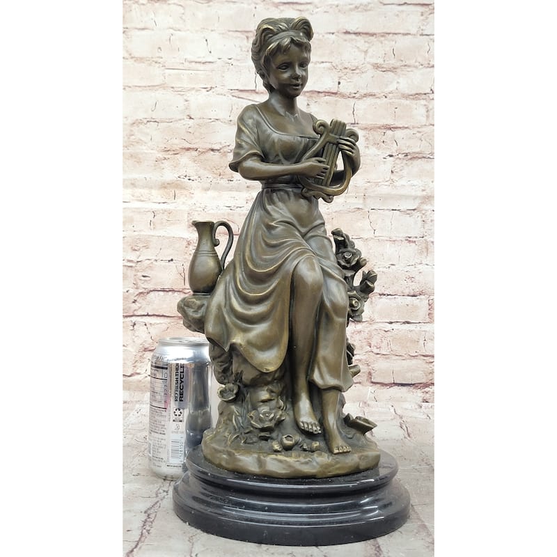 Classical Young Girl W/ Lyre Harp- Greek Roman Decor Bronze Sculpture By Milo