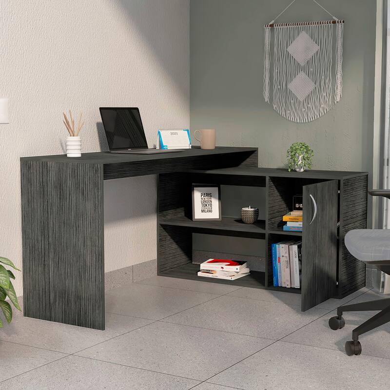 L-Shaped Computer Desk with Storage Cabinet File Cabinet, Large Executive Office Desk with Shelves for Home Office Study, Grey