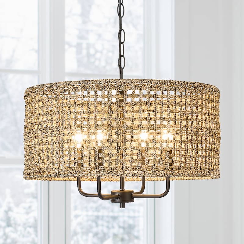 4-Light Bohemian Hand Woven Drum Chandelier - Straw - 20 in. W - 20 in. W