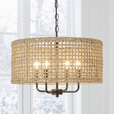 4-Light Bohemian Hand Woven Drum Chandelier - Straw - 20 in. W