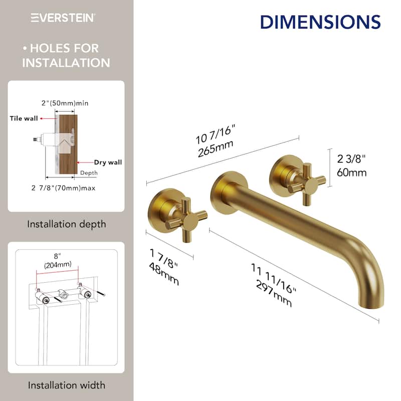Double Handle Wall Mounted Tub Filler High Flow Tub Faucet Trim