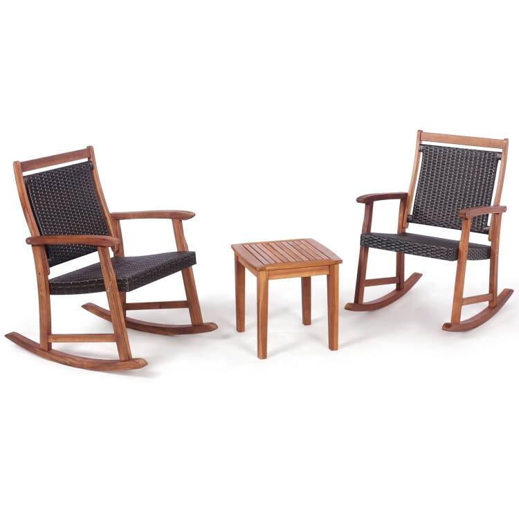 3 Pieces Acacia Wood Patio Rocking Chair Set with Side Table - 24" x 33" x 37" (L x W x H)