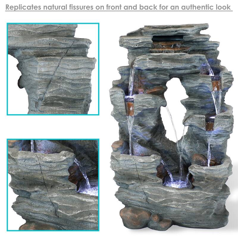 Dual Cascading Rock Falls Water Fountain with LED Lights - 39-Inch