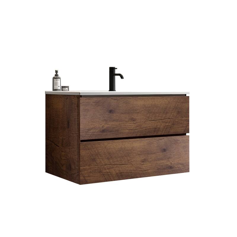 GDFStudio - Tia Wall-Mounted Bathroom Vanity with Ceramic Sink, Soft Close Drawers & U-Shaped Drainage