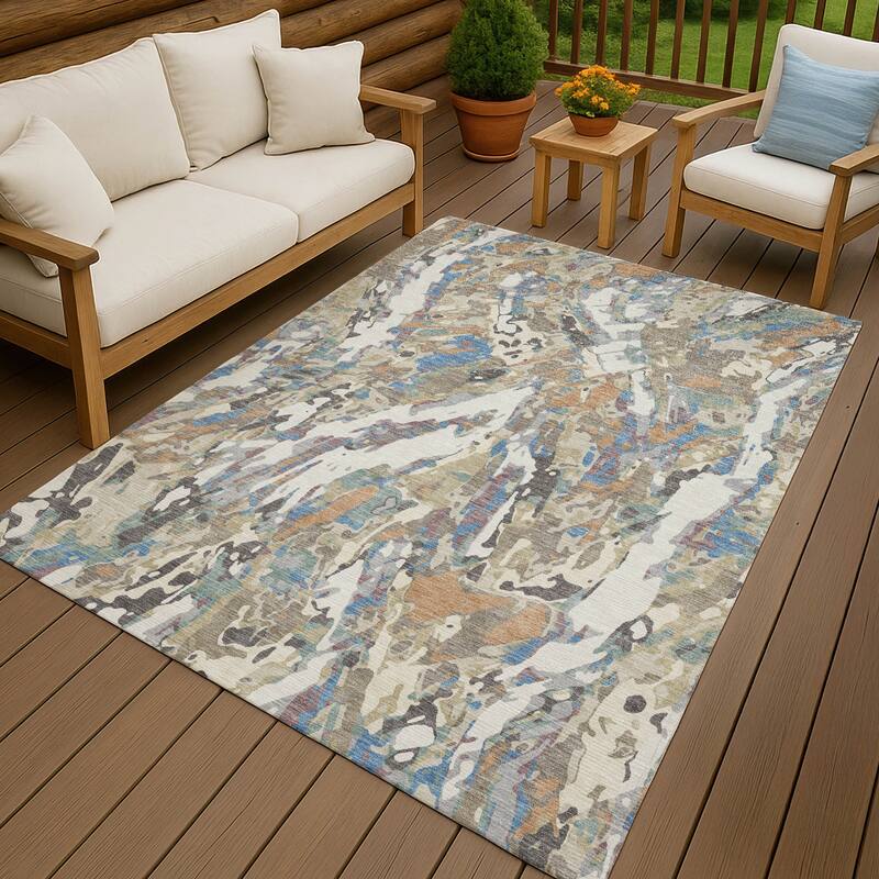 Machine Washable Indoor/ Outdoor Brushstrokes Chantille Rug - Ivory - 3' x 5'