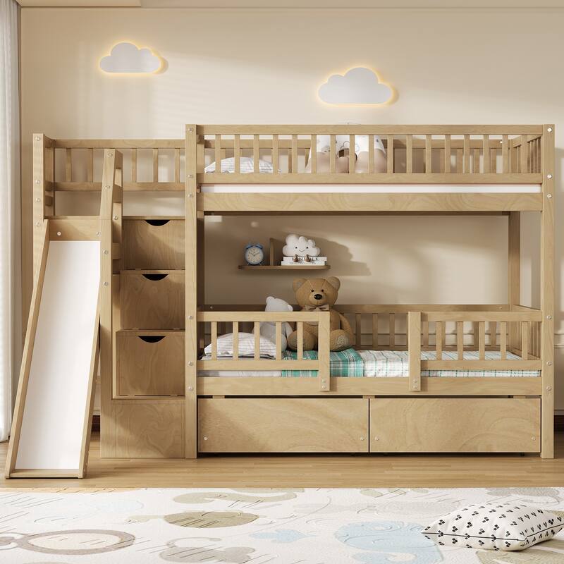 Roomfitters Twin Over Twin Bunk Bed with Slide, Storage Staircase and Drawers