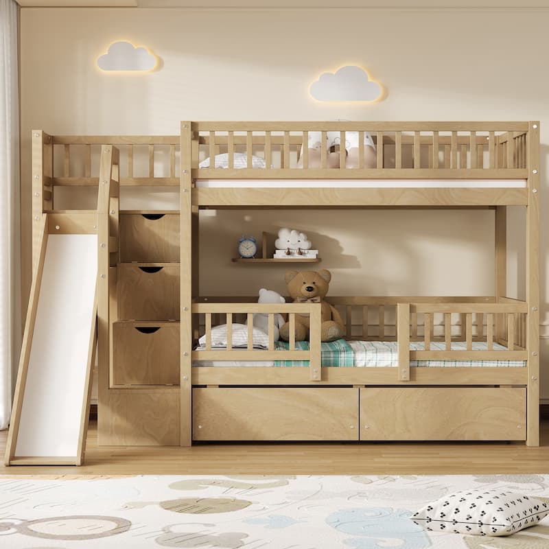 Twin Over Twin Bunk Bed with Storage Staircase, Slide and 2 Drawers