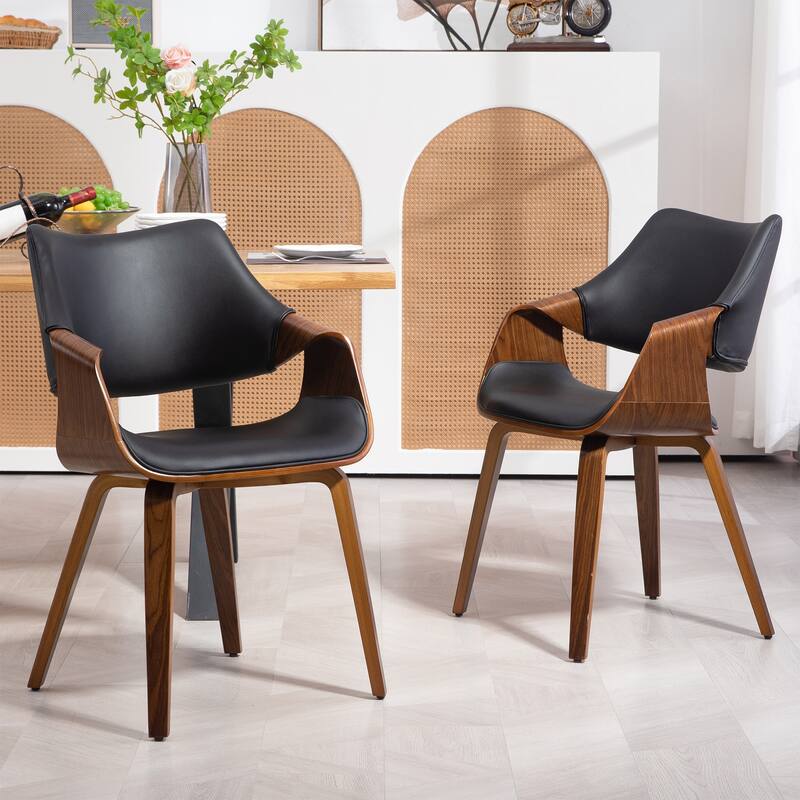 Set of 2 Beasley Black Faux Leather Dining Chair with Walnut Wood Legs