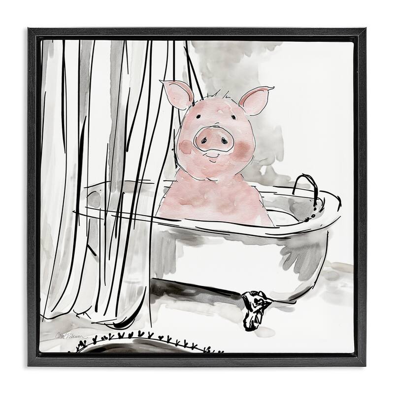 Stupell Minimal Bathtub Piggy Framed Floater Canvas Wall Art Design By Carol Robinson - 25 x 25 - Black