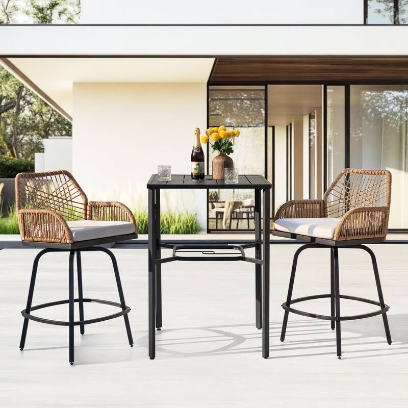 2-Piece Twisted Rattan Patio Bar Stools Set with Cushions, Swivel Design