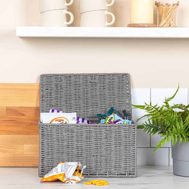 Household Essentials Handwoven Paper Rope Wicker Basket with Lid - 11.8"L x 6.3"W x 6.7"H