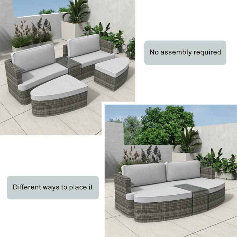 5-piece Patio Wicker Daybed Sectional Sofa Set with Side Table