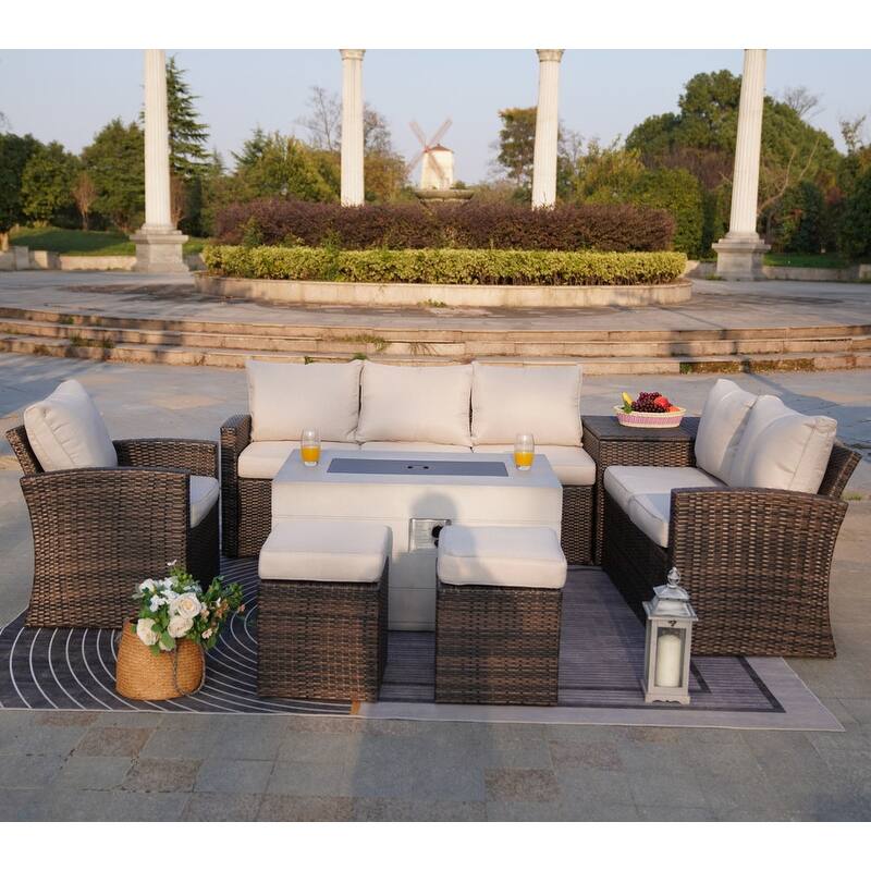 7-piece Patio Wicker Coversation Cushioned Set with Holve Fire Pit