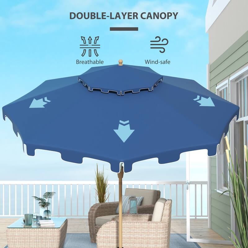 9-Foot Patio Umbrella with Tilt and Crank, Double Top Ruffled Outdoor Market Umbrella for Garden, Deck, Pool