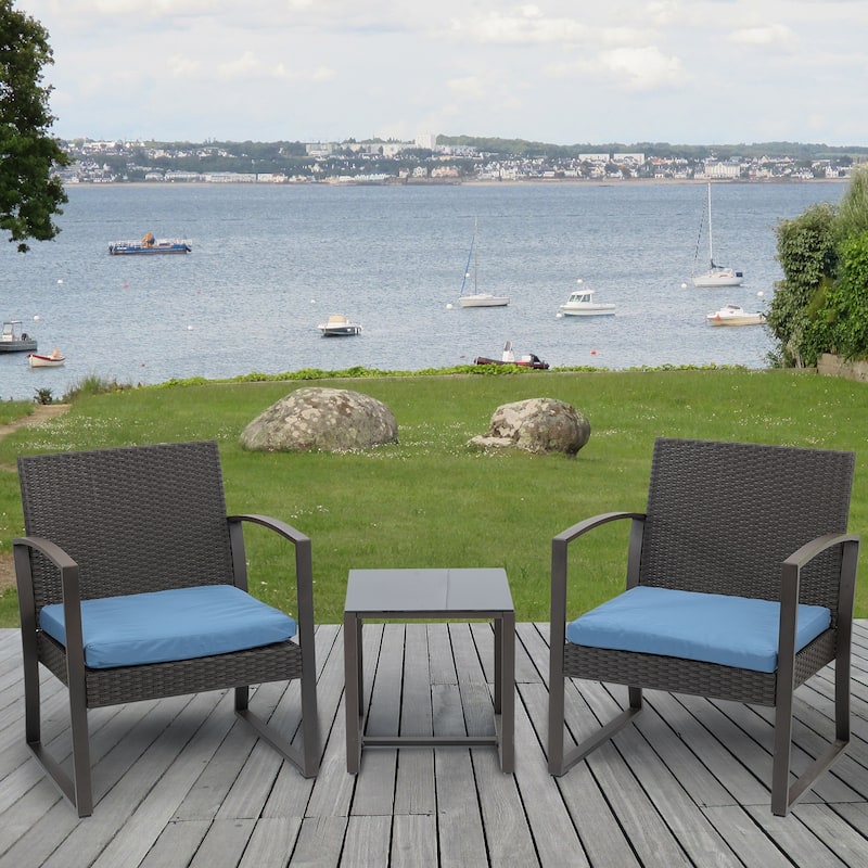 Aoodor 3-Piece Patio Furniture Set - Outdoor Rattan Wicker Chairs with Table, Sofa Set Including Cushions - N/A - Brown and Blue