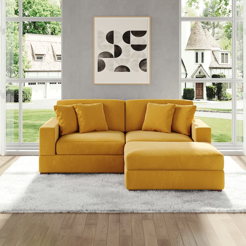 Modular Corduroy Sectional Sofa Set Chaise Couch with Ottoman - Orange-3 Piece