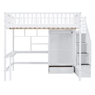 Minimalist Design Full Size Wood Loft Bed,Bookshelf Under Bed and Wardrobe Besides