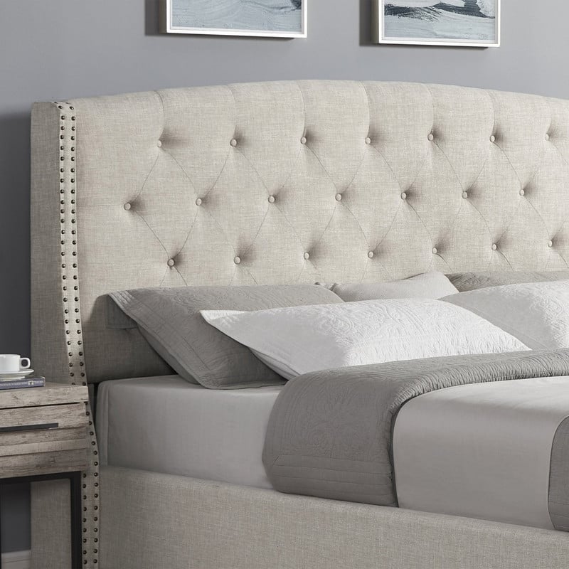 3-Piece Upholstered Bedroom Set, Tufted Wingback Bed with Two Nightstands - Gray/White