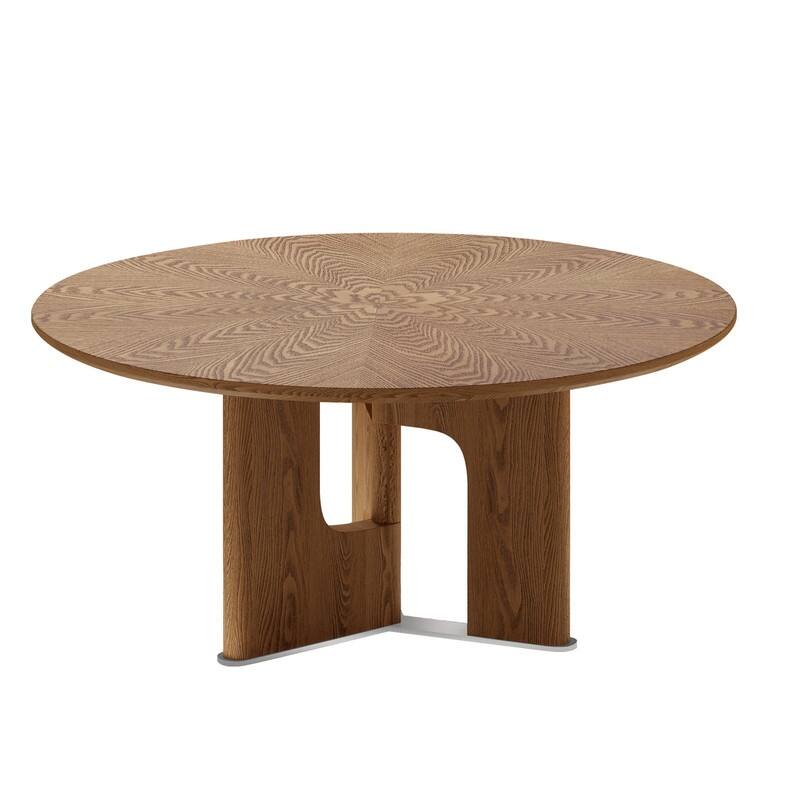 31.5 Inches Round Rustic Ash Wood Veneer Coffee Table for Small Living Room