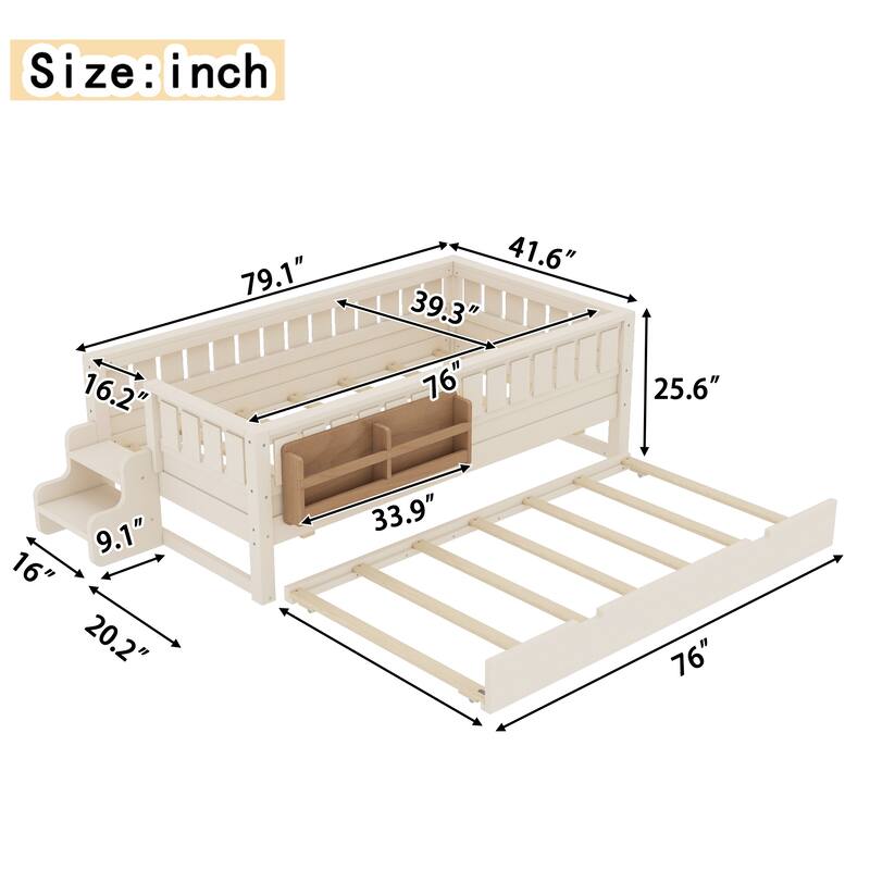 Full/Twin Loft Bed with Bookshelves, Safety Stairs & Trundle