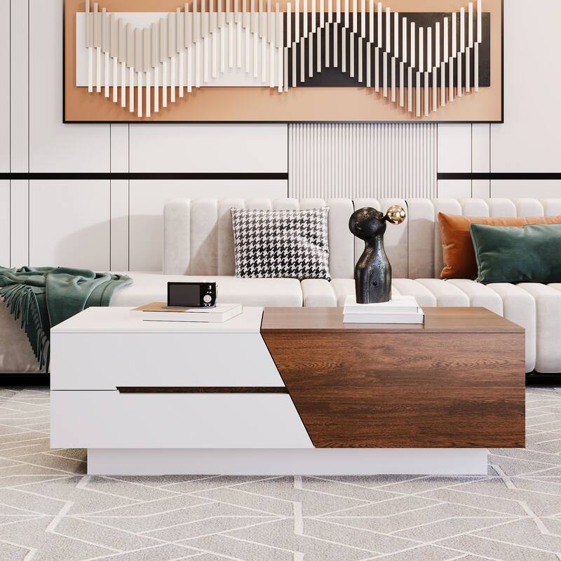 Modern Extendable Sliding Top Coffee Table with Hidden Storage and Drawers - White+Walnut - MDF
