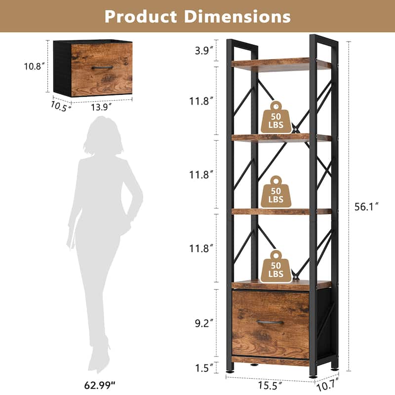 5-Tier Bookshelf with Fabric Drawer, Wood & Metal Storage Shelf