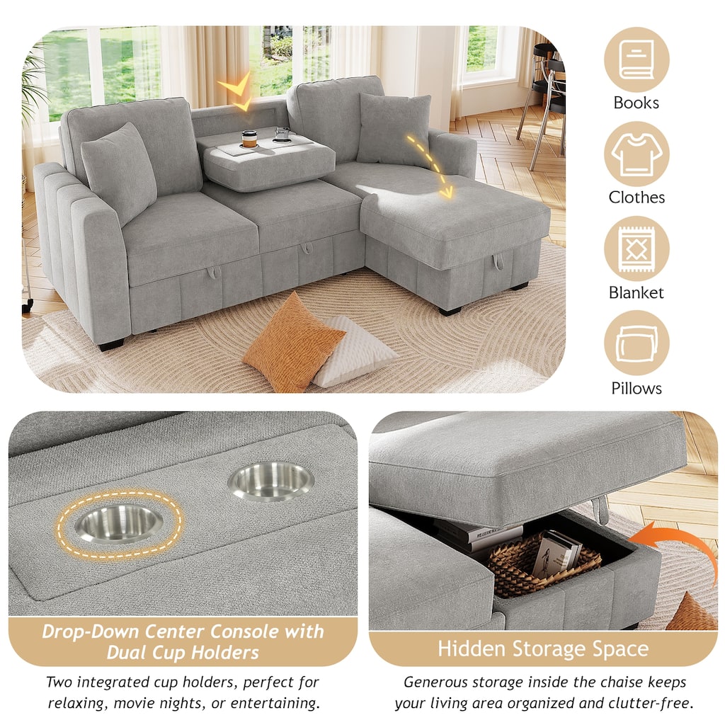 L-Shaped Sectional Sofa with Pull-out Sofa Bed, Modular Sleeper Sofa Couch with Reversible Storage Chaise for Living Room