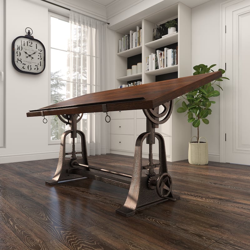 Teak Wood Drafting Style Desk with Tilting Top and Crank Height Adjustment - Brown - Roche River Decor