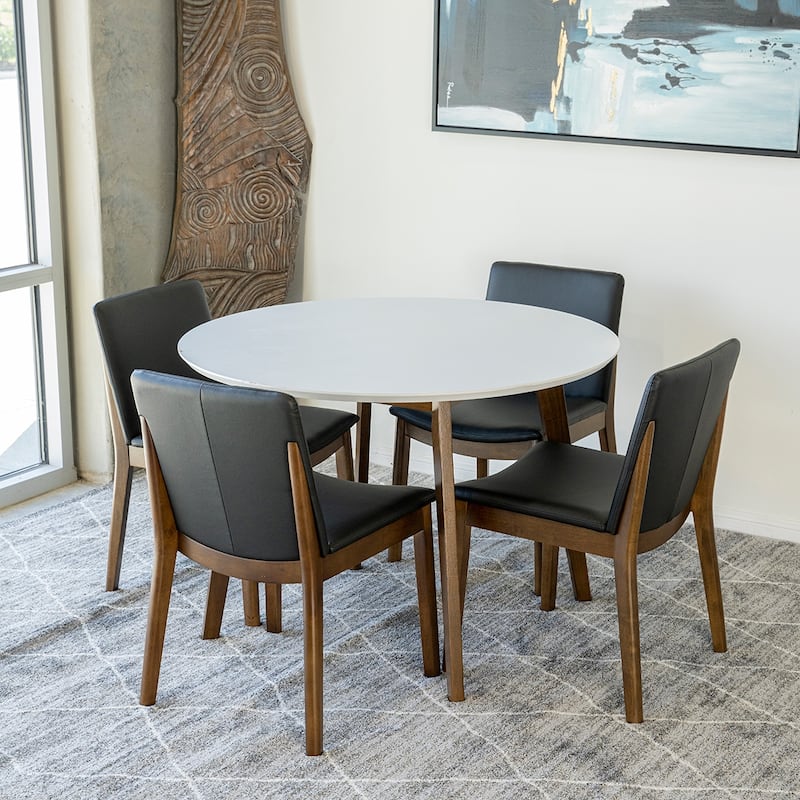 Cally 5-Piece Mid-Century Modern Dining Set w/4 Vegan Leather Dining Chairs in Black - White