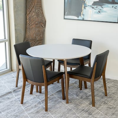 Cally 5-Piece Mid-Century Modern Dining Set w/4 Vegan Leather Dining Chairs in Black