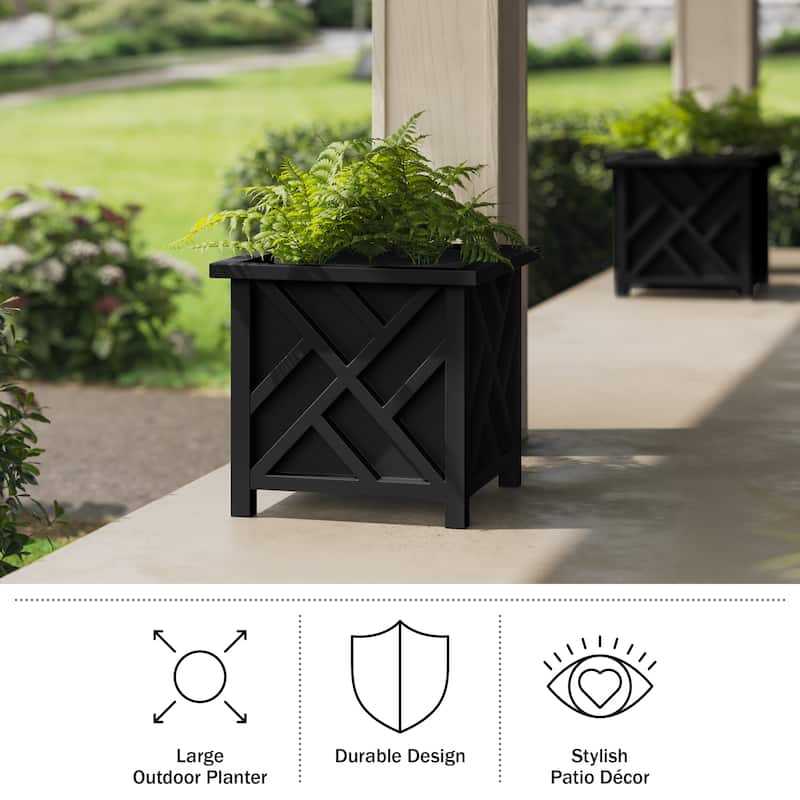 Lattice Design Planter Box - 15.5-Inch-Square Decorative Outdoor Flower or Plant Pot by Pure Garden (Black)