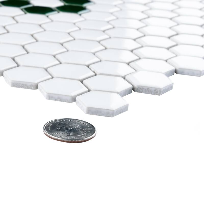Merola Tile Metro Ion 1" Hex Emerald Single Flower w/Glossy White Porcelain Mosaic Floor & Wall Tile