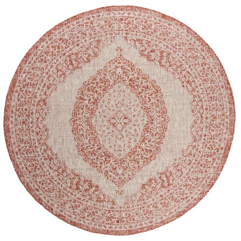 SAFAVIEH Courtyard Thoma Medallion Indoor/ Outdoor Waterproof Patio Backyard Rug - 6'7" Round - Light Beige/Terracotta