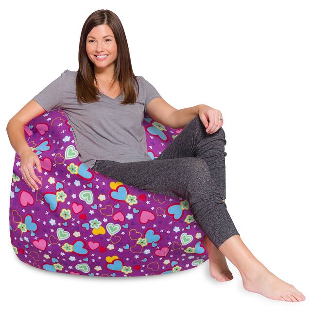 Kids Bean Bag Chair, Big Comfy Chair - Machine Washable Cover - 48 Inch Extra Large - Canvas Multi-Colored Hearts on Purple
