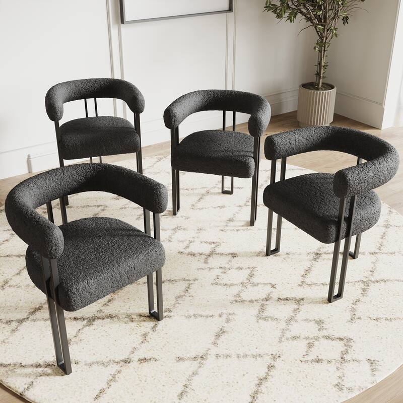 Set of 2 Upholstered Dining Arm Chairs, Bouclé Fabric Accent Chairs with Metal Frame, with Cushioned Seat & Back