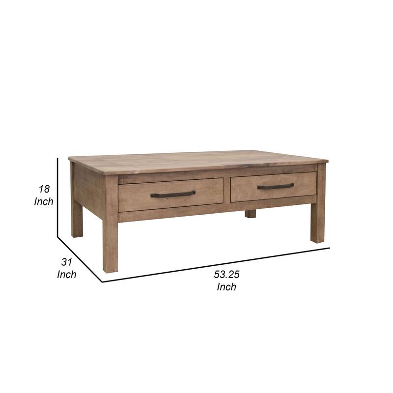 Umey 53 Inch Coffee Table, 2 Drawers, Light Natural Brown Wood Frame