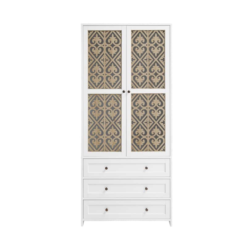 Roomfitters Wardrobe with 2 Doors and 3 Drawers, Hollow Pattern Armoire Closet Storage Cabinet, White