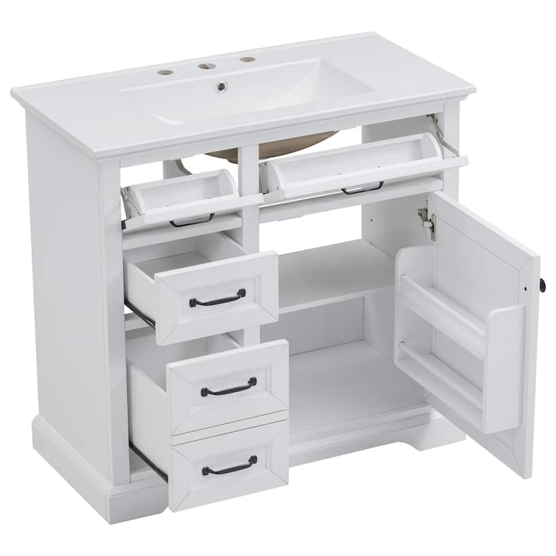 36 Inch Bathroom Vanity Ceramic Sink 4 Drawers Soft Close Door Metal Handles 8 Inch Faucet White