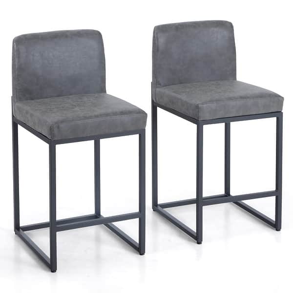 Counter Height Stool Breakfast Chair for Kitchen Island Dark Grey Mid Century Bar Chairs with Metal Legs for Home Bar Industrial PU Bar Stools Set of 2