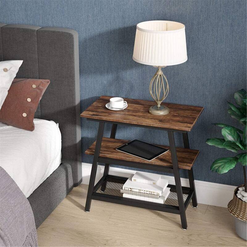 Industrial End Side Bed Table with Storage Shelf for Living Room