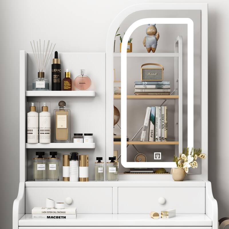 Fashion Vanity Desk with Mirror and Lights for Makeup with hair dryer holder and Chair, Vanity Mirror with Lights