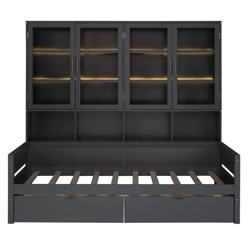 Twin Size Wooden Daybed with Glass-Door Storage, LED Lighting, and Shelves, Gray