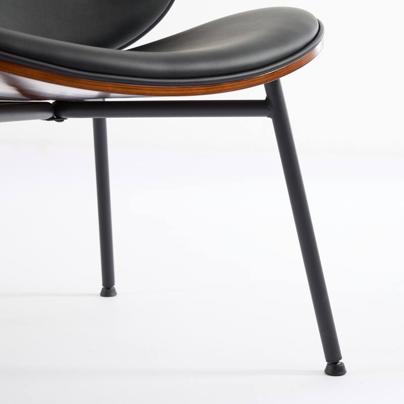 Shell Chair Single Side Chair Tripod Black Leather Lounge Chair in Walnut Finish Comfortable Backrest,Black color