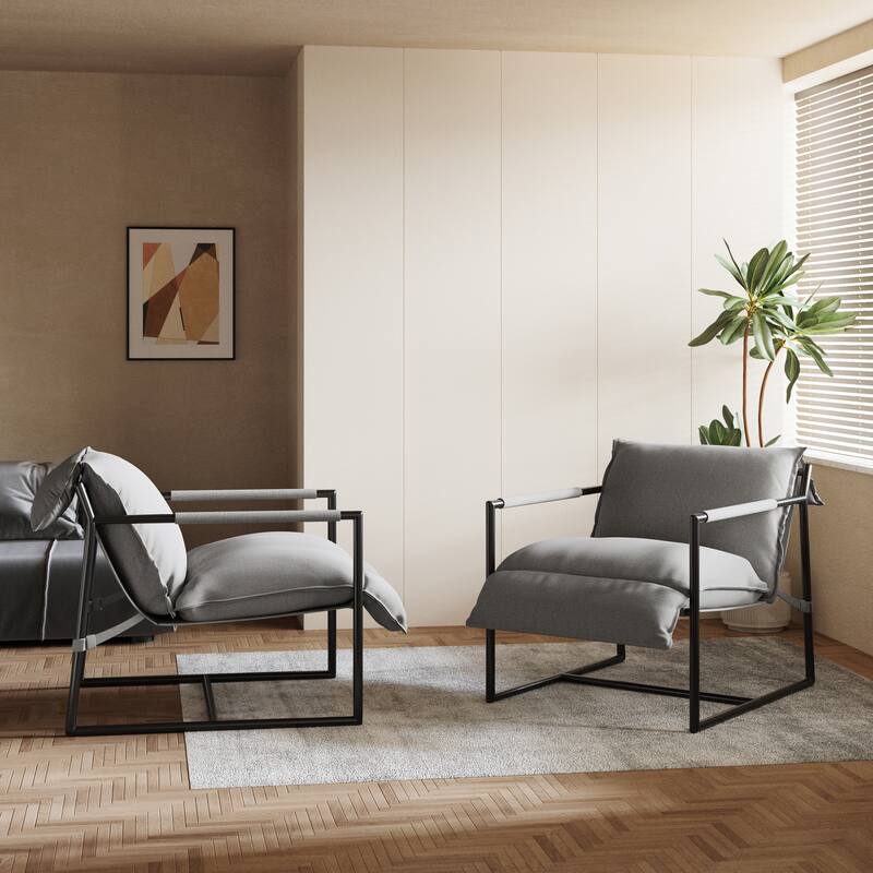Mid-century Metal Sling Armchair with Lengthen Upholstered Set of 2