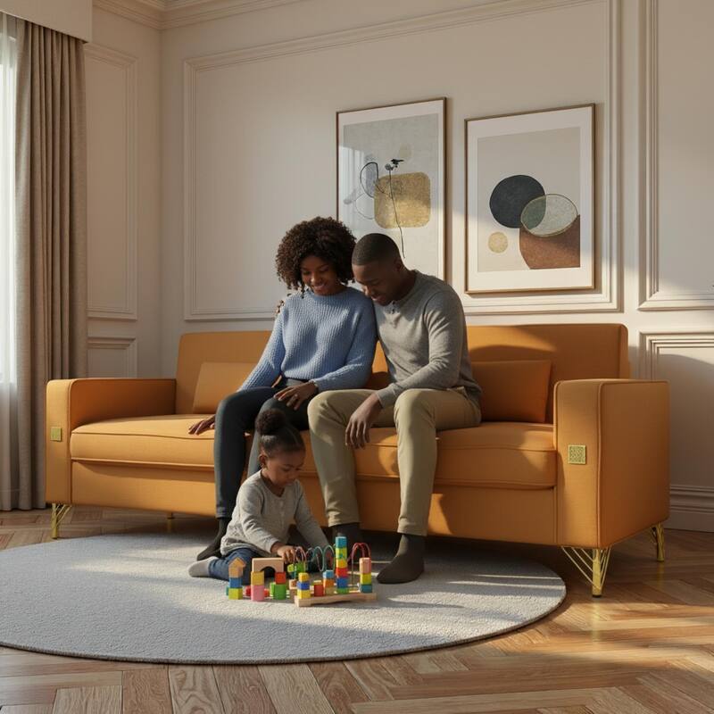 Roomfitters Mid-Century Modern Upholstered Sofa with Gold Metal Legs and Square Arms, Elegant Couch for Living Room