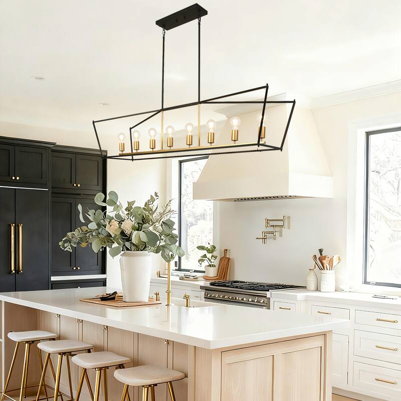 Modern Farmhouse 8-Light Geometric Chandelier Black Gold Kitchen Island Light - W 55.1" x D 14.5" x H 12.7"