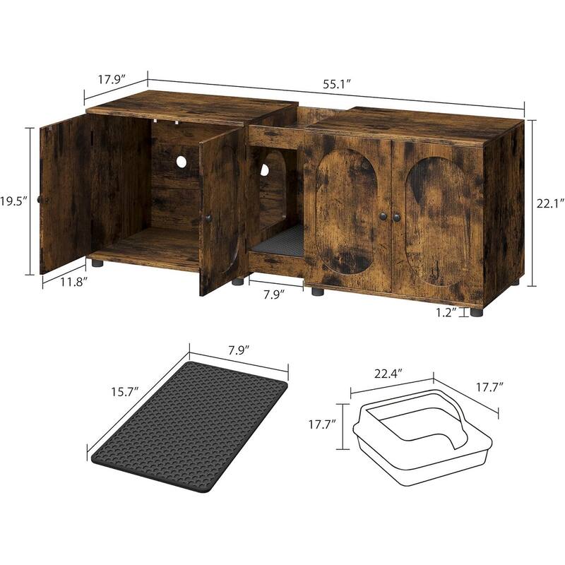 55.1" Double Litter Box Furniture Double Room Large Cat Cabinet Hidden