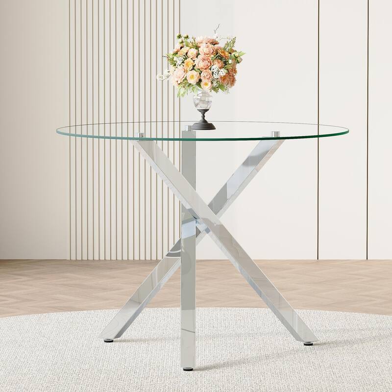 Round glass dining table suitable for 2-4 people diameter 39 inches, height 30 inches, X-shaped silver metal frame - Silver,Transparent