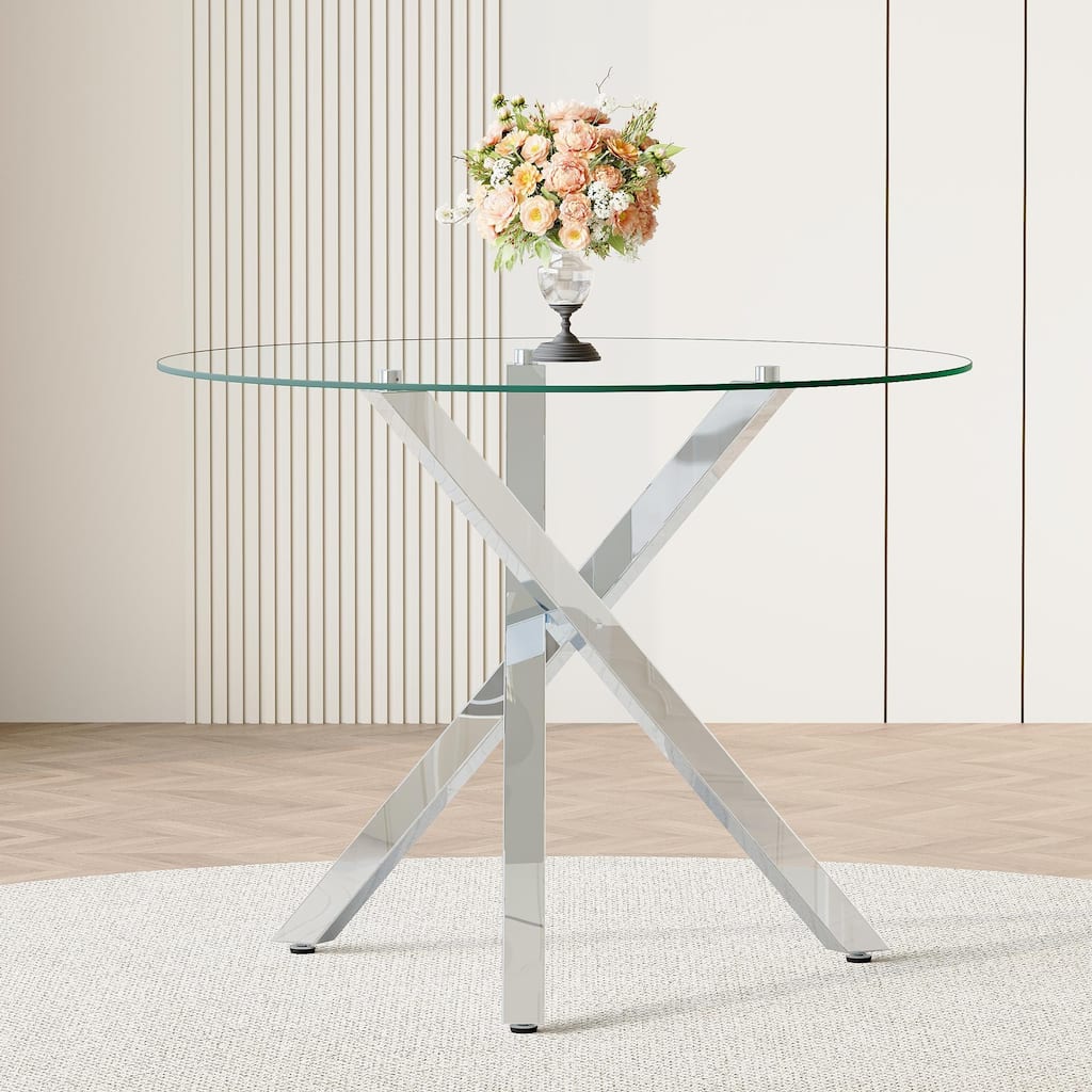 Round glass dining table suitable for 2-4 people diameter 39 inches, height 30 inches, X-shaped silver metal frame